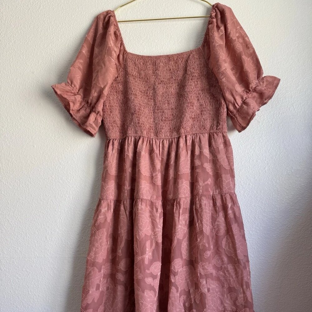 NWT! Merokeety Puff Sleeve Boho Midi Dress Smocked Floral Textured Tiered XL